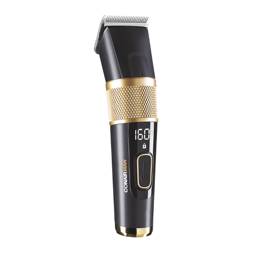 Xpert Hair Clipper by Conairman featuring precision Japanese steel blades, cordless use, and innovative comb guide technology.