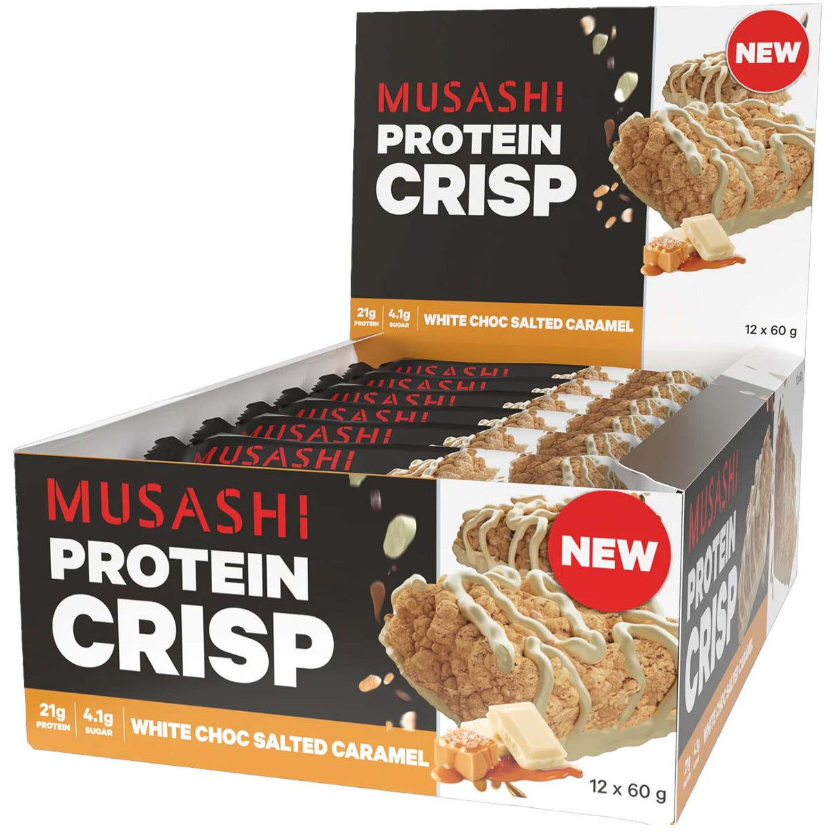 Musashi Protein Crisp White Choc Salted Caramel 60g - Carton of 12