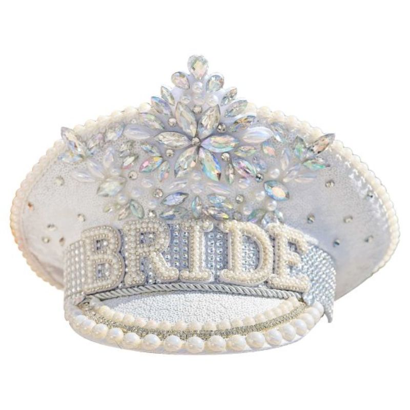 Rhinestone and pearl embellished bride hat, 28cm, perfect for hen parties and bridal showers, adding elegance and fun.