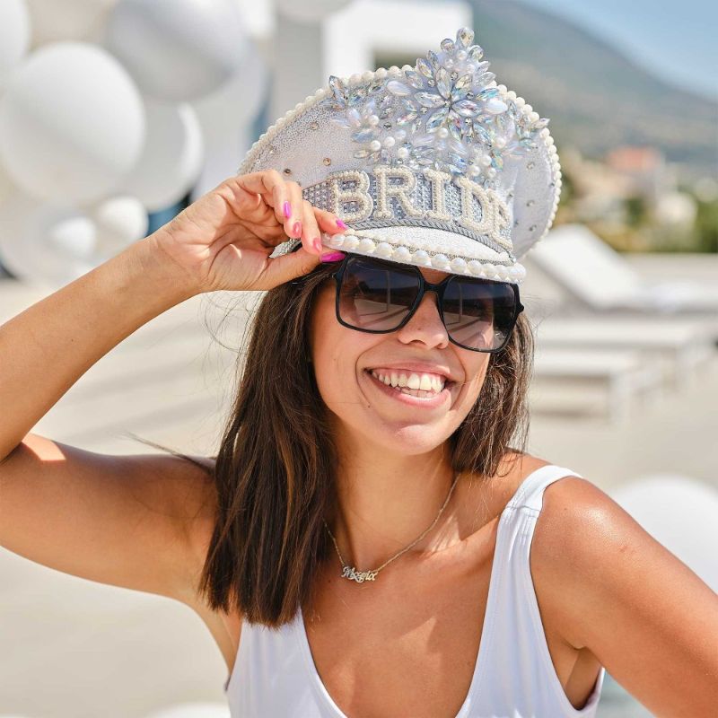 Rhinestone and pearl embellished hen party hat for brides-to-be, perfect for bachelorette celebrations and memorable photos.