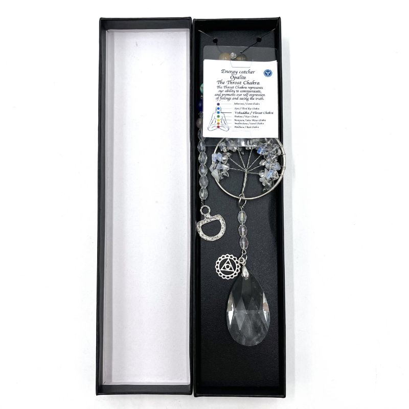 Suncatcher featuring Tree of Life design in Opalite, promoting throat chakra energy and vibrant sunlight rainbows.