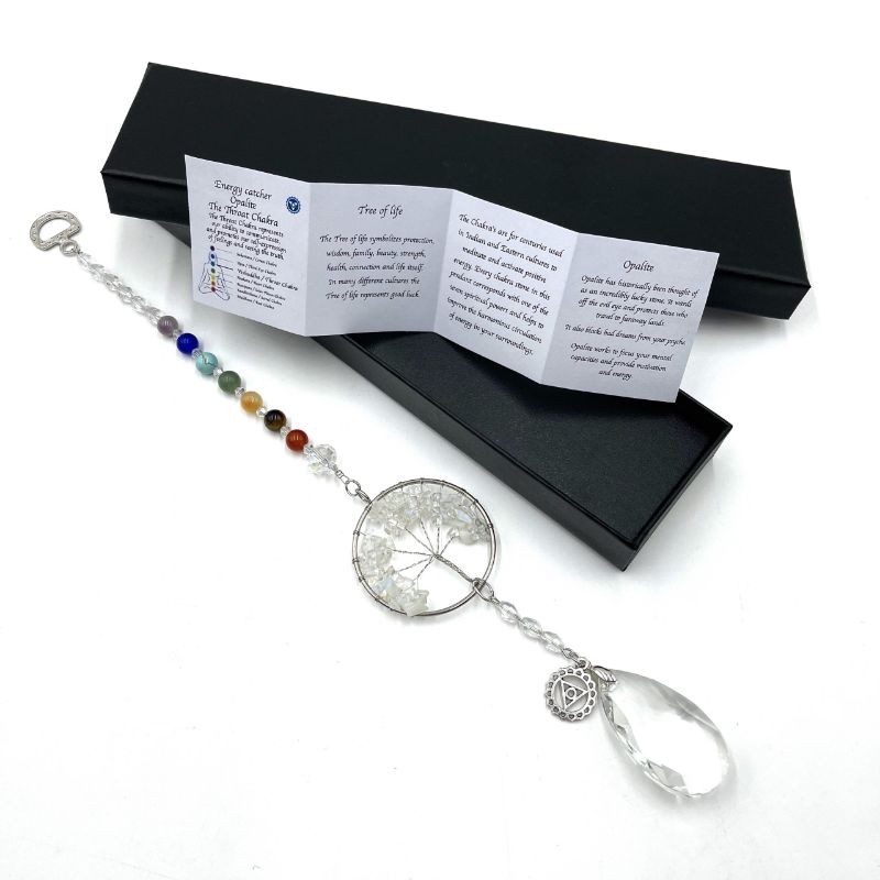 Suncatcher featuring a Tree of Life design in Opalite, promoting throat chakra harmony and positive energy, 32.5cm long.