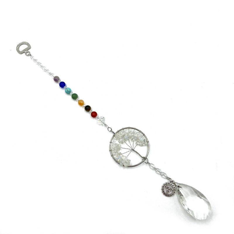 Suncatcher featuring Tree of Life design, made of Opalite, enhances spaces and promotes throat chakra healing.