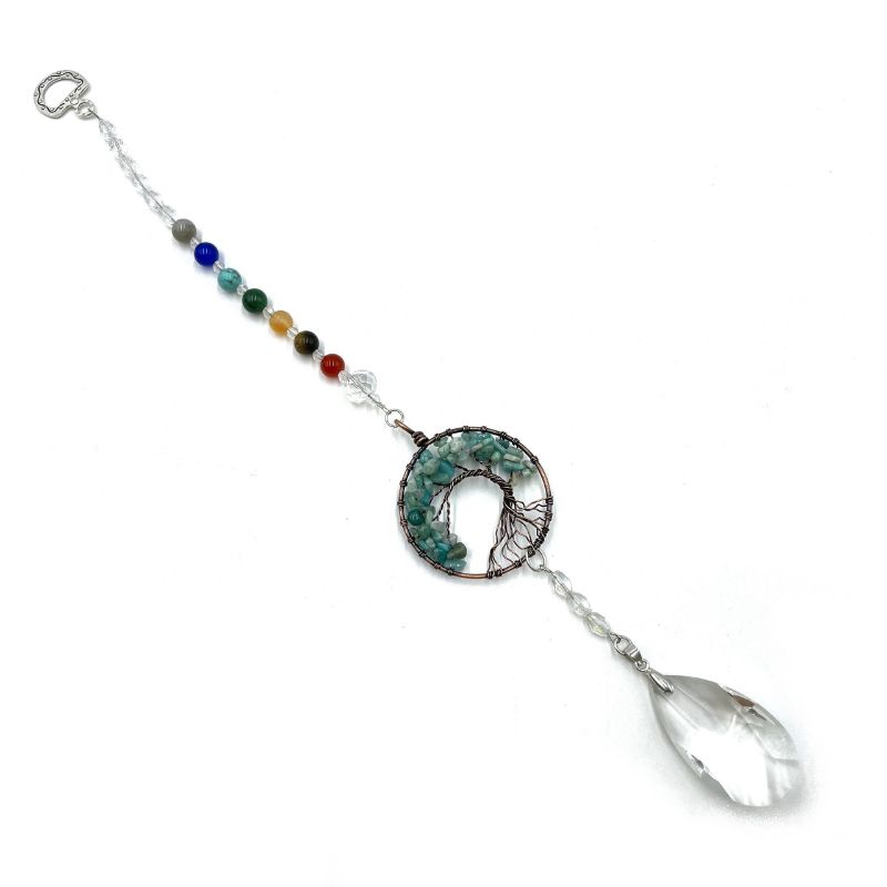 Handcrafted 32.5cm Tree of Life suncatcher featuring Amazonite stones, radiating color and promoting harmony in any space.