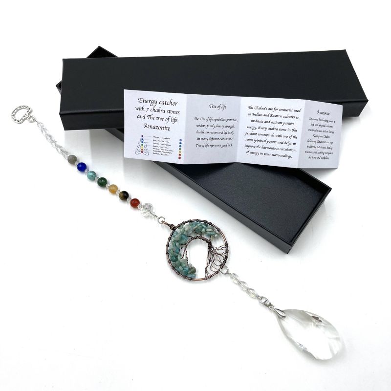 Handcrafted Tree of Life suncatcher in Amazonite, 32.5cm, promoting harmony with vibrant colors and natural light display.