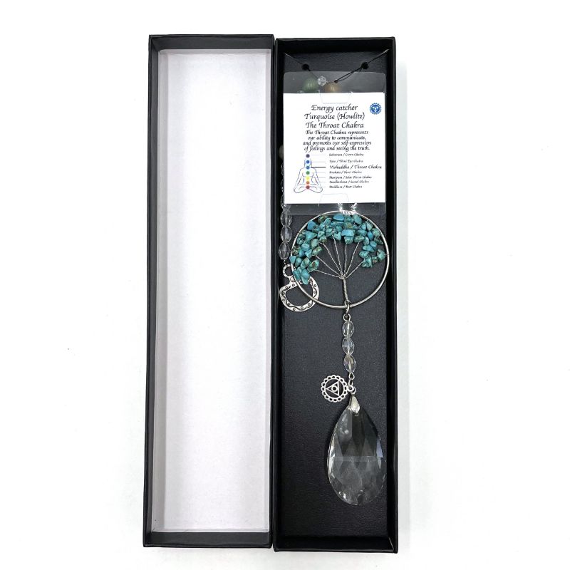 Suncatcher featuring a Tree of Life design in Howlite, designed to enhance throat chakra and promote positive energy.