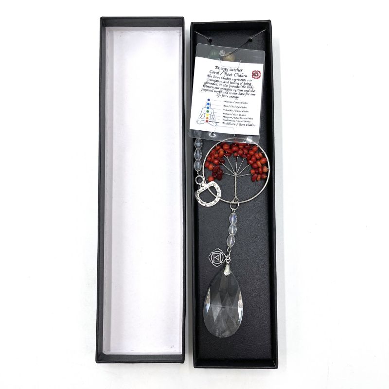 Suncatcher featuring Tree of Life design with red coral, enhancing light and grounding energies for harmony in any space.