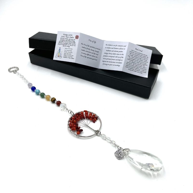 Suncatcher featuring Tree of Life design in red coral, enhances decor and promotes grounding energies, 32.5cm long.