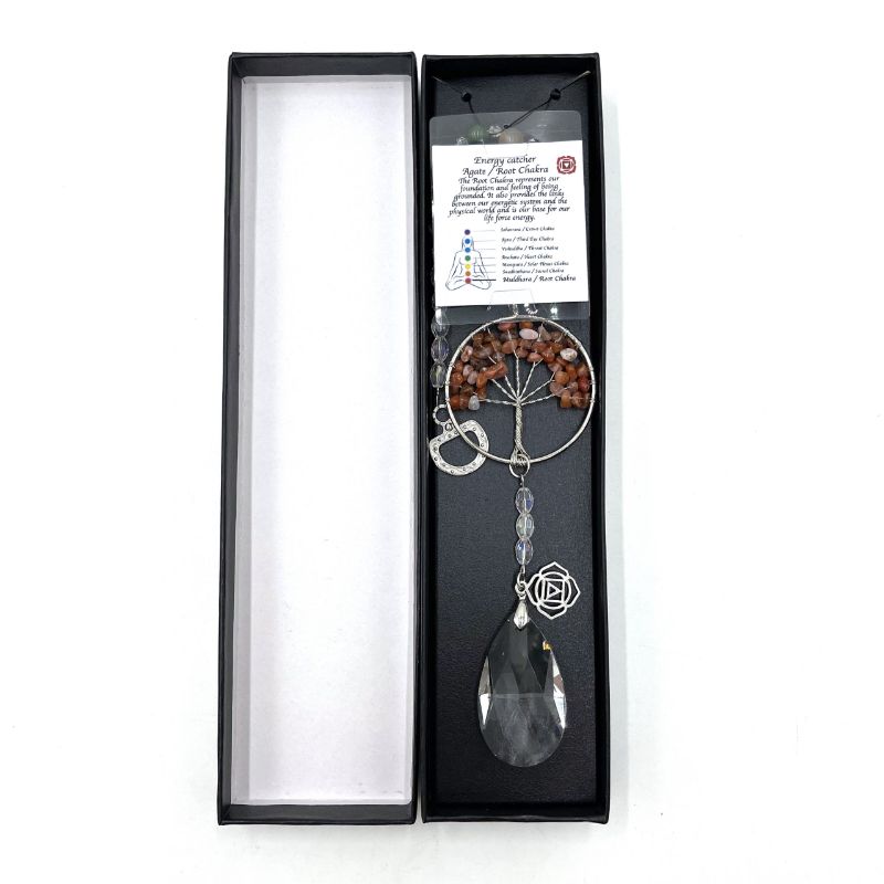 Vibrant Tree of Life Suncatcher in Root Chakra Agate, 32.5cm, promoting stability and casting colorful sunlight reflections.