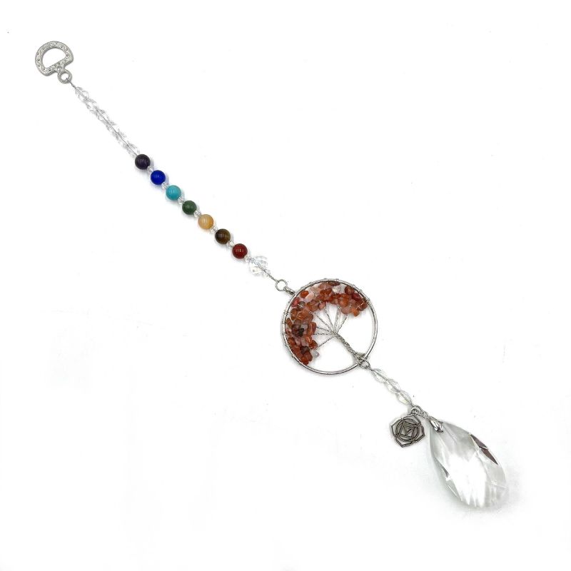 Suncatcher showcasing Tree of Life design and Root Chakra agate, enhancing spiritual decor with colorful sunlight reflections.