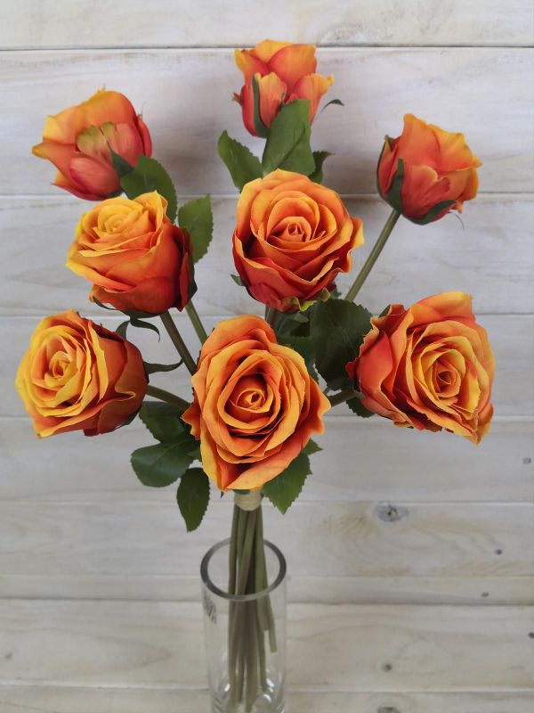 Artificial Rose Bud Bundle - 8 Flowers (Orange)