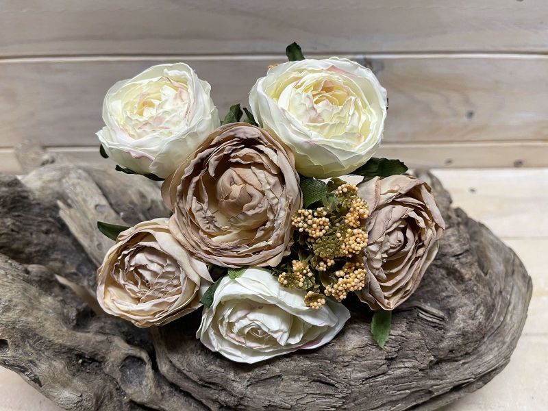 Artificial Rose Posies - Dry Look with 6 Flowers (Cream Beige)