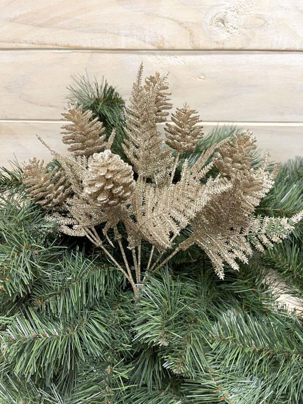 Artificial Glitter Pine Cone Bush (Champagne)