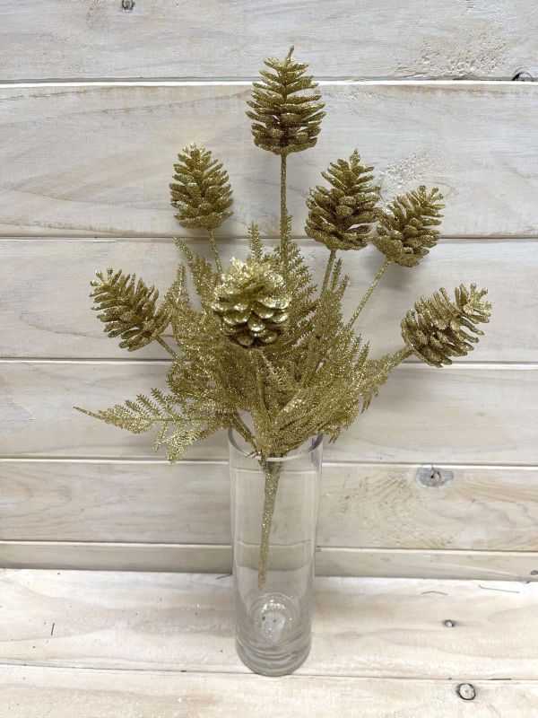 Artificial gold glitter pine cone bush, perfect for festive decor, centerpieces, and enhancing seasonal themes.