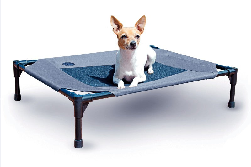 Large grey dog bed cot with raised mesh cover, waterproof fabric, tool-free assembly, and durable frame, perfect for indoor/outdoor use.