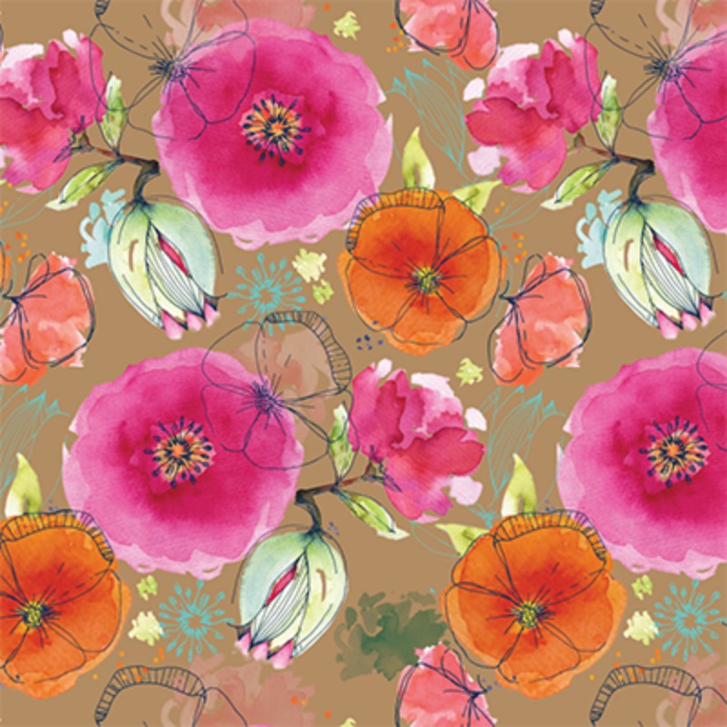 Wrapping Paper / Gift Wrap - Floral Watercolour On Kraft Wrap - 50M