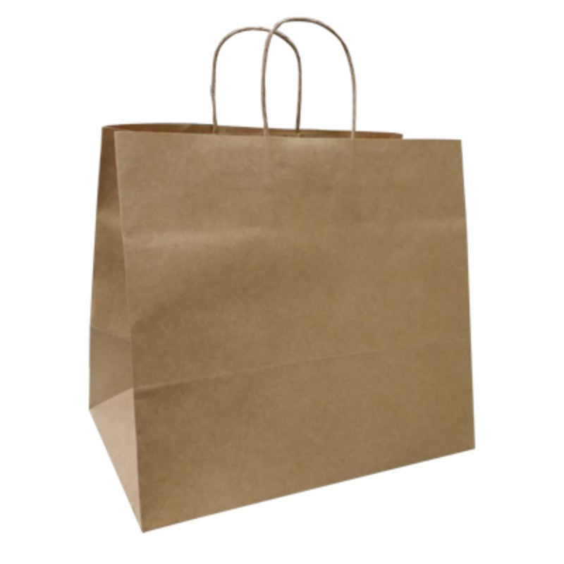 Sturdy brown Kraft paper takeaway bags with twist handles, 32x35cm size, pack of 100.