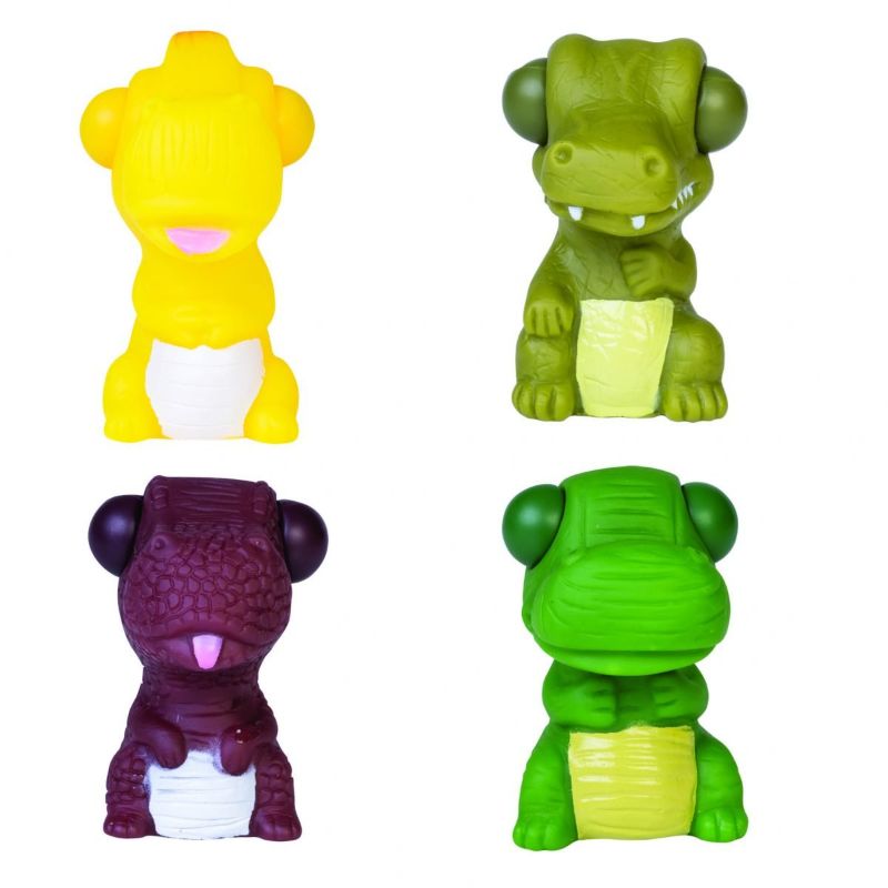 Set of 12 colorful dinosaur stress toys with bulging eyes that pop out when squeezed, perfect for sensory play and stress relief.