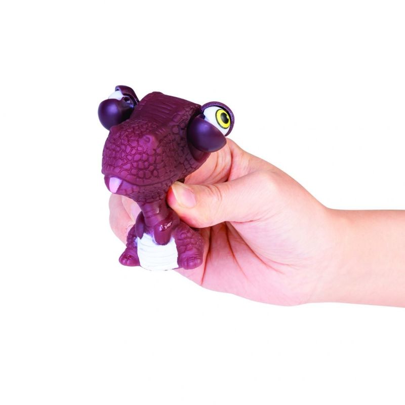 Set of 12 colorful dinosaur sensory toys with bulging eyes that pop out when squeezed, providing stress relief and fun.