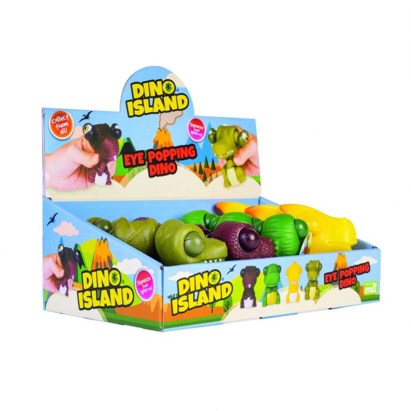 Set of 12 colorful, squishy dinosaur toys with bulging eyes, great for stress relief and improving focus and motor skills.