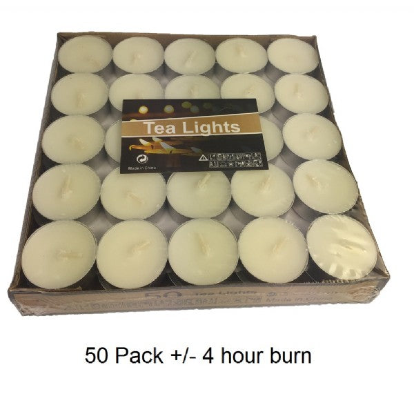 Pack of 50 tealight candles with a 4-hour burn time, ideal for creating a warm and cozy atmosphere.