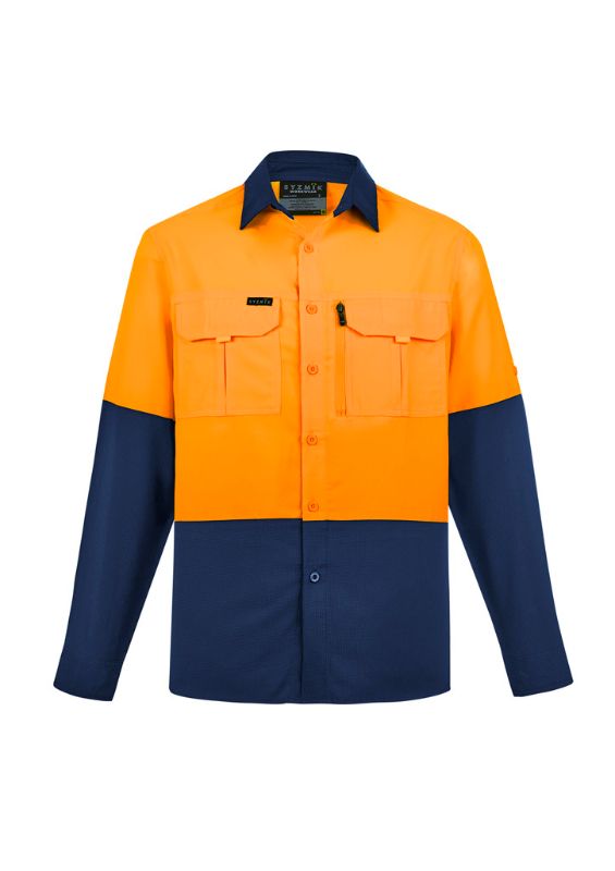 Mens Hi Vis Outdoor L/S Shirt - Orange/Navy (Medium)