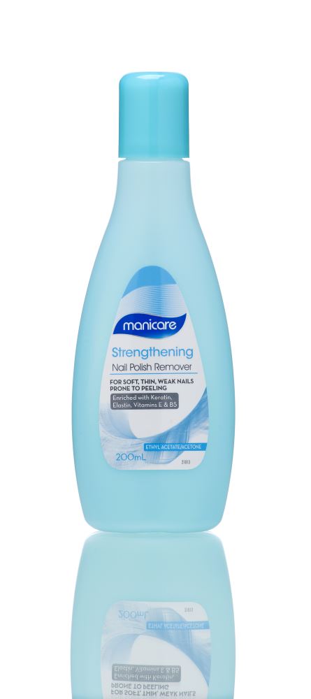 Manicare Express Nail Polish Remover 200mL with fast acetone and vitamin E for quick, nourishing nail polish removal.