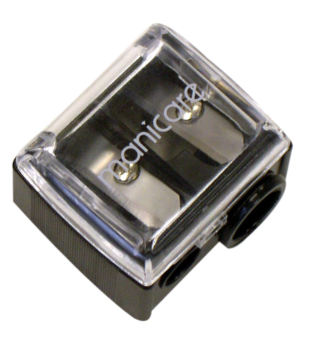 Dual cosmetic pencil sharpener with no-mess catcher, suitable for lip, eye, and facial pencils in a compact design.