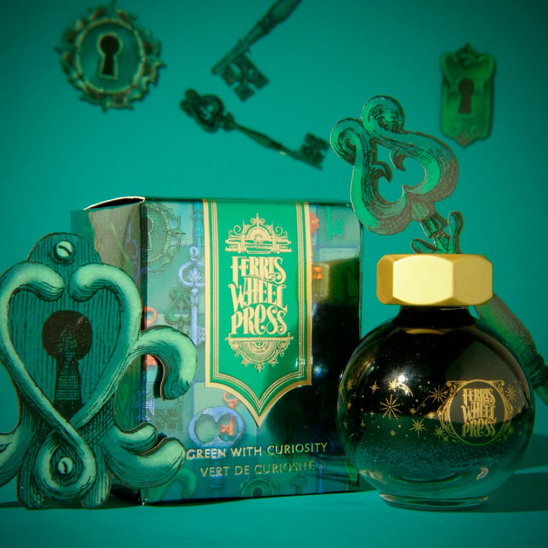 Bottle of Ferris Wheel Press Ferritales Green ink, featuring a lustrous emerald hue with red tones and blue sheen in a 20ml globe.