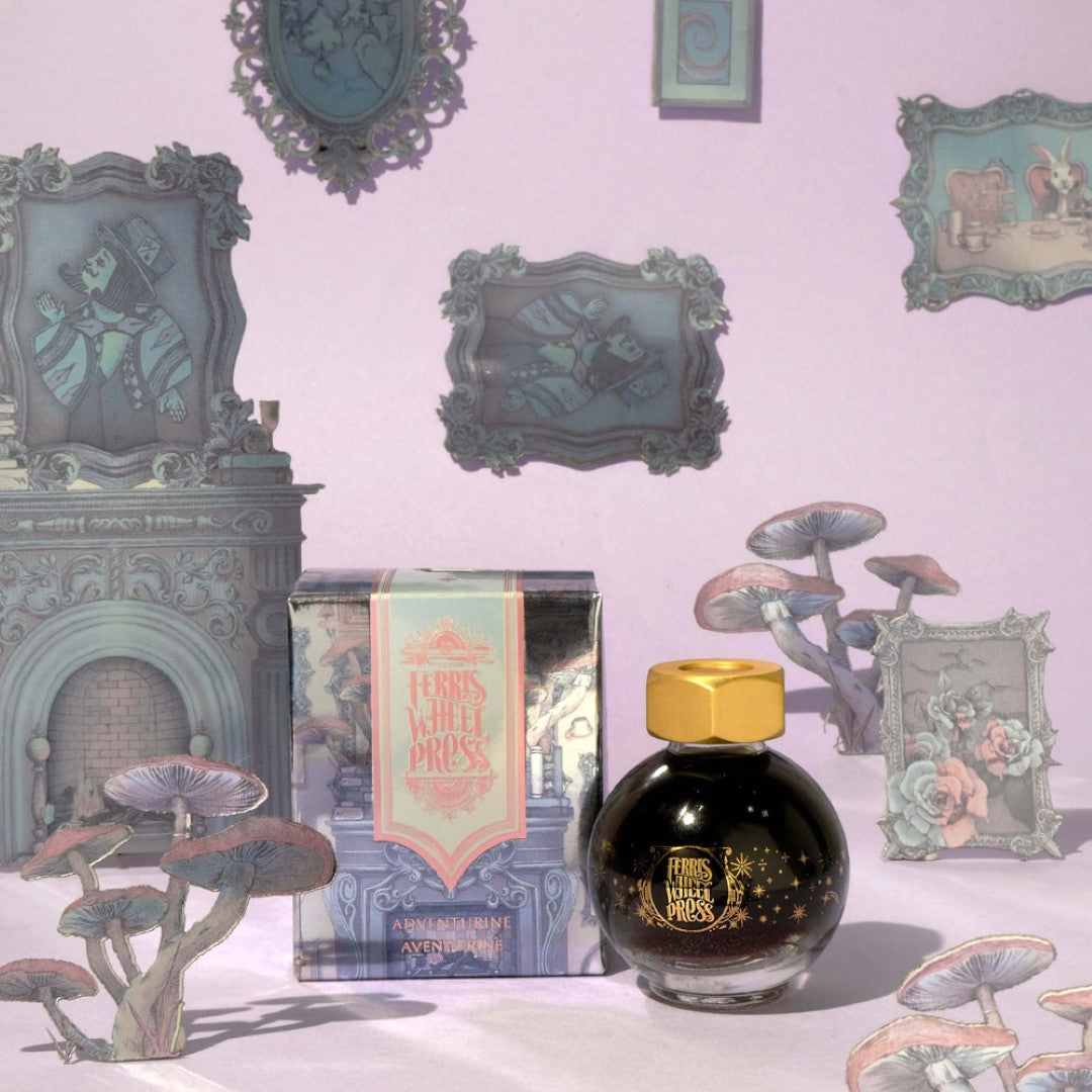 "Enchanting 20ml Ferritales Adventurine ink in a glass globe, featuring shimmery shades inspired by Wonderland adventures."