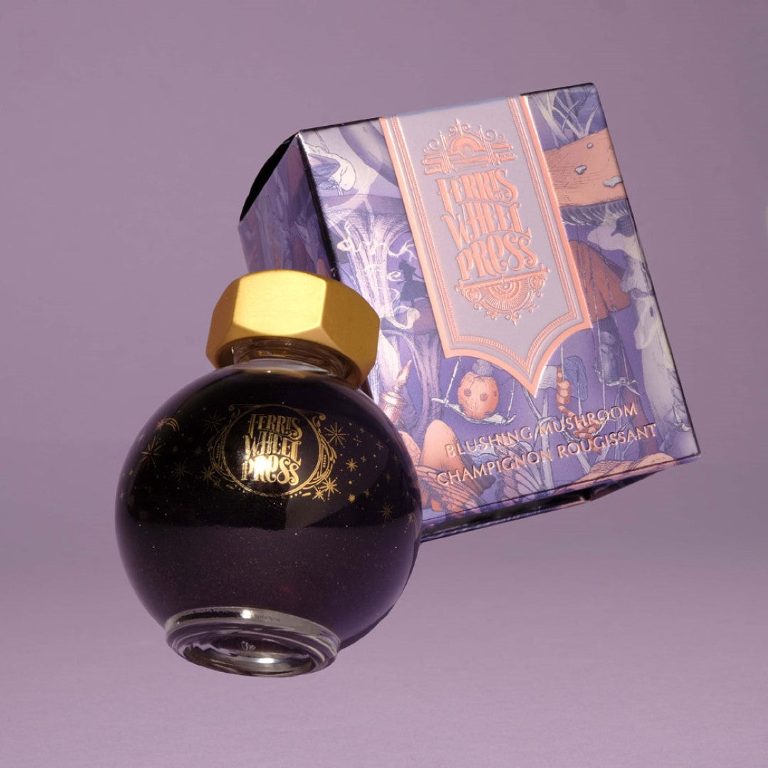 Ferris Wheel Press Blushing Mushroom ink in a globe bottle, featuring mauve and blush hues with rose gold shimmer for creative writing.