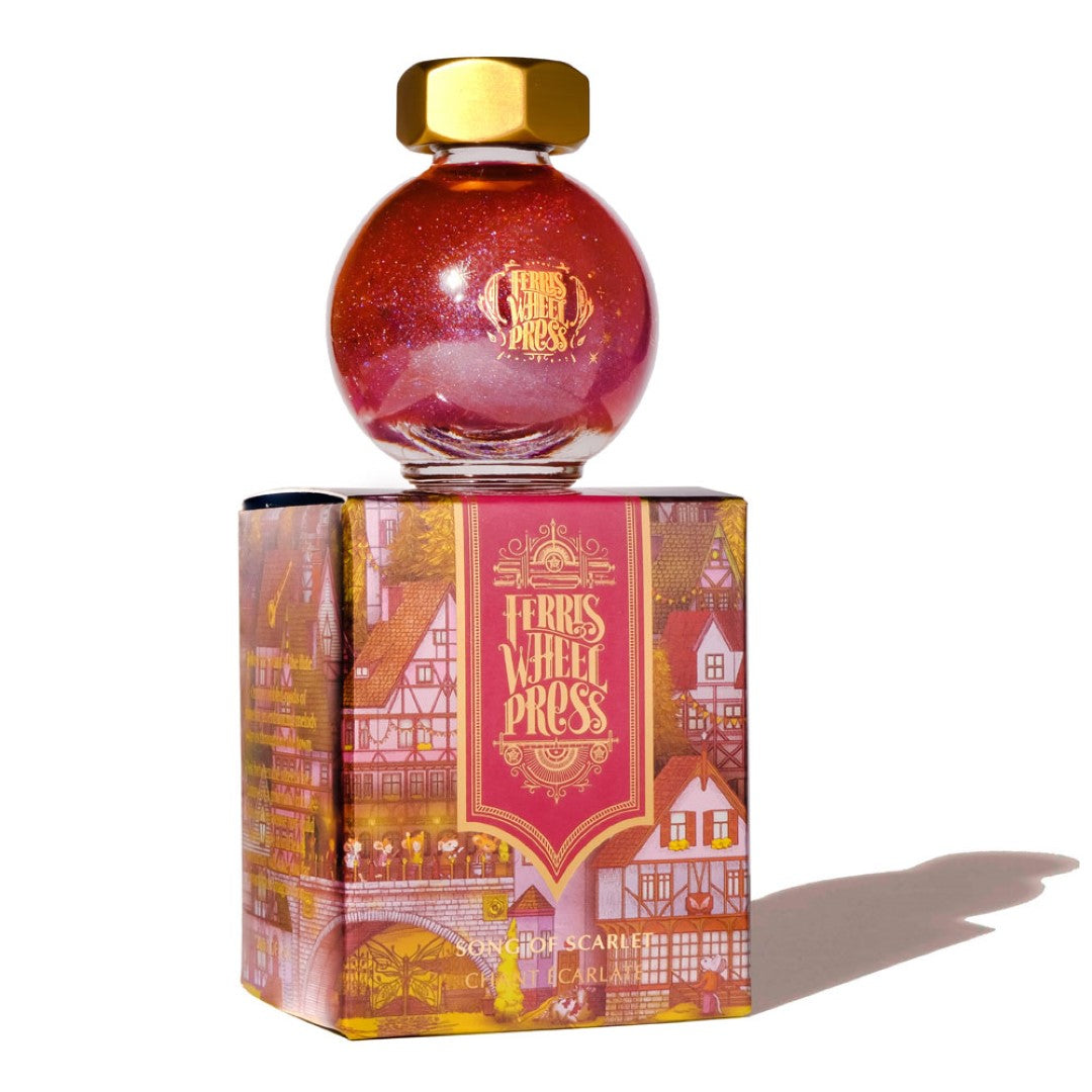 Ferris Wheel Press 20ml Fountain Pen Ink in Song of Scarlet, vibrant scarlet red with shimmering blue undertones, ideal for creative writing.