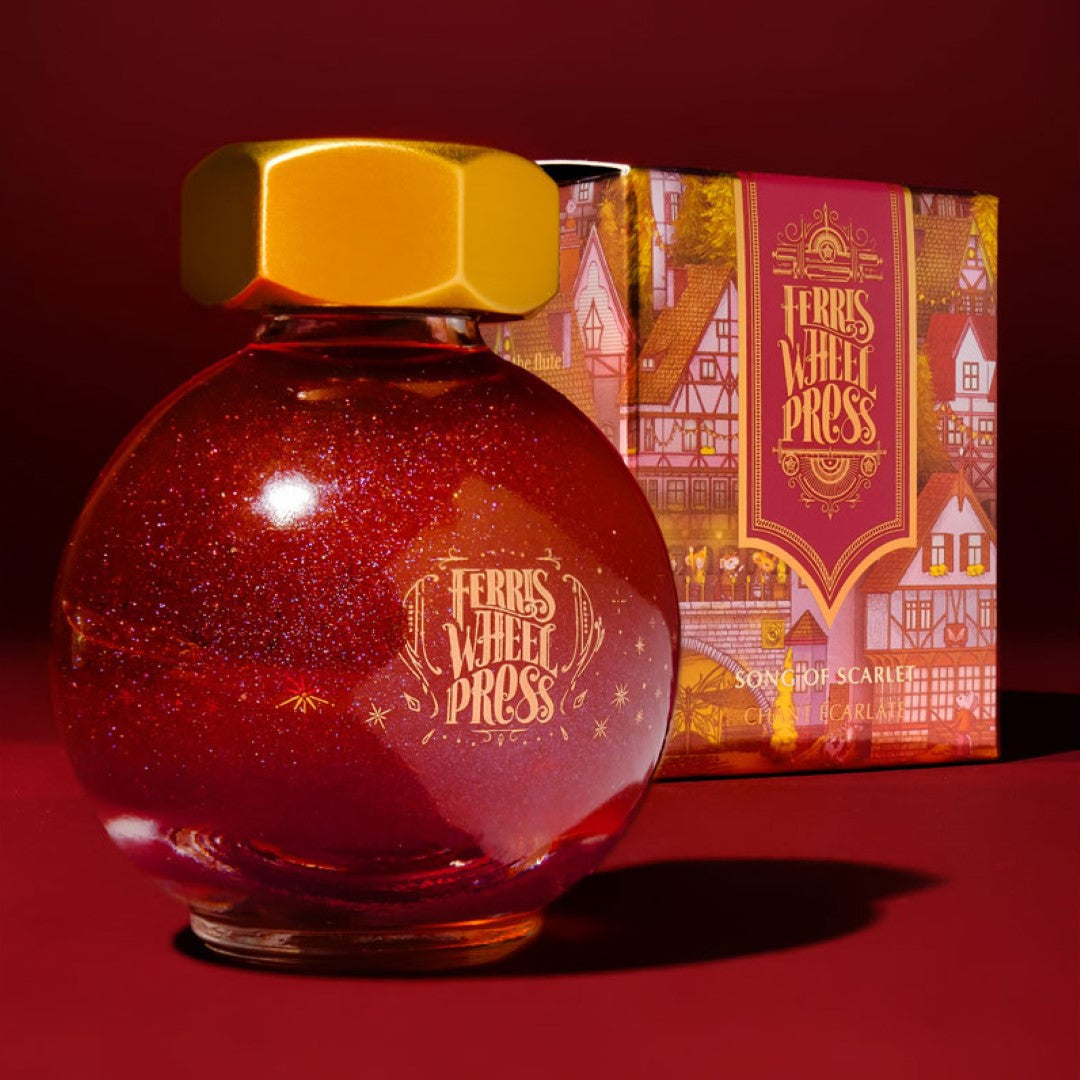 Ferris Wheel Press Song of Scarlet ink in 20ml glass globe, featuring vibrant scarlet with blue shimmer for creative writing.