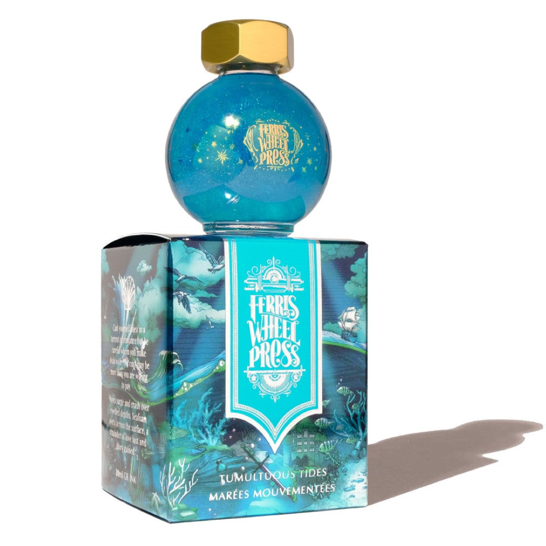Ocean teal fountain pen ink with silver shimmer, capturing enchanting tales of mermaids in a stylish 20ml glass bottle.