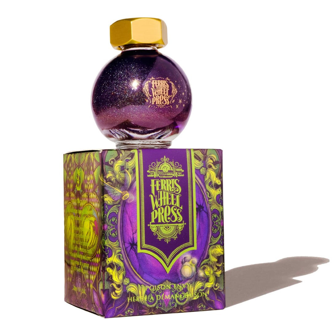 Ferris Wheel Press Poison Envy ink in a 20ml globe, featuring deep purple with green and pink duochrome shimmer.