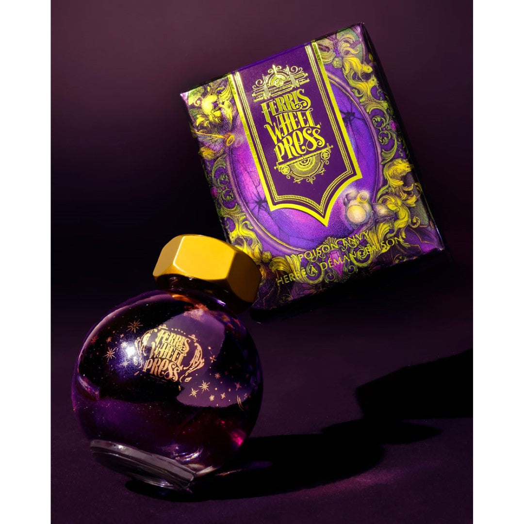 Enchanting 20ml glass ink bottle featuring deep purple with green and pink shimmer, perfect for writers and artists.