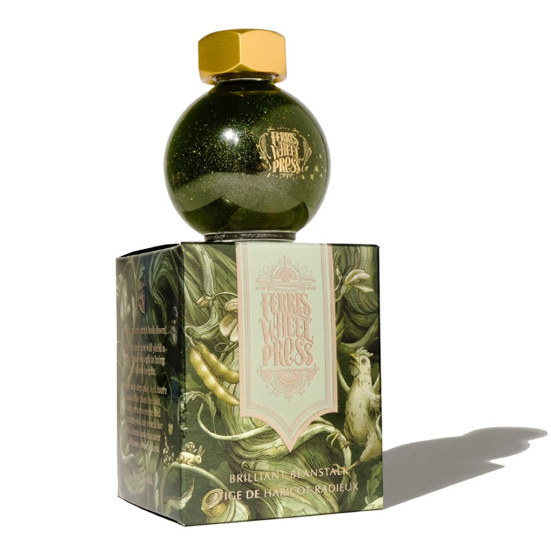 Light green fountain pen ink with champagne shimmer in a 20ml glass bottle, perfect for creative writing and journaling.