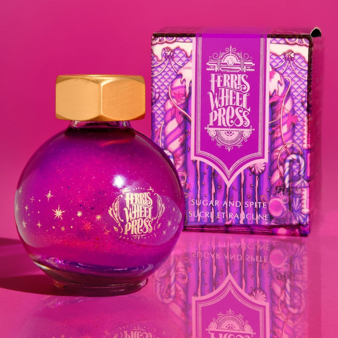 Bright purple fountain pen ink with pink shimmer, ideal for creative writing and art, in a 20ml glass bottle.