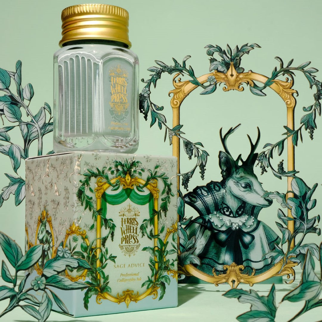 Ferris Wheel Press Sage Advice calligraphy ink in a soothing sage green, ideal for elegant invitations and heartfelt notes.