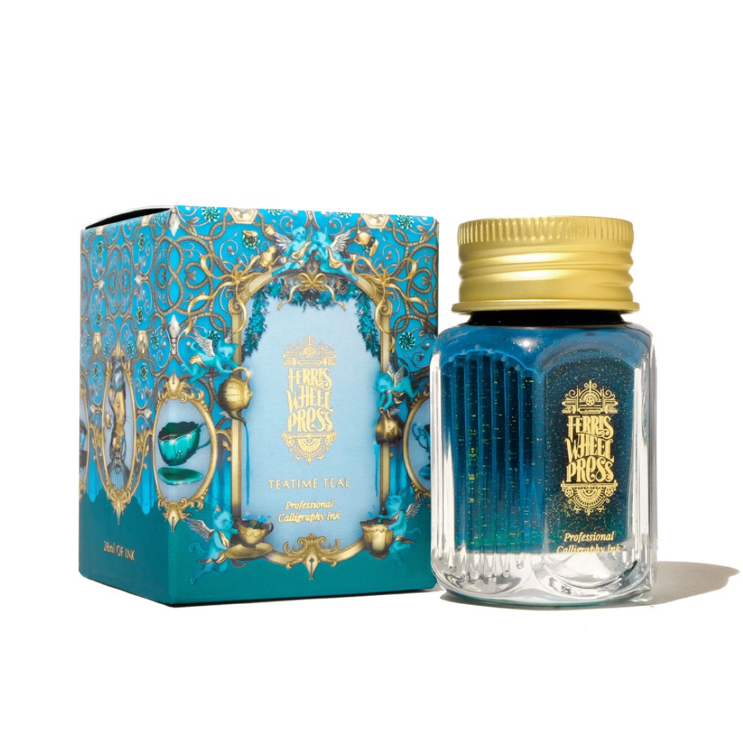 Ferris Wheel Press Teatime Teal calligraphy ink, 28ml, featuring a luxurious teal shade with gold shimmer for elegant writing.