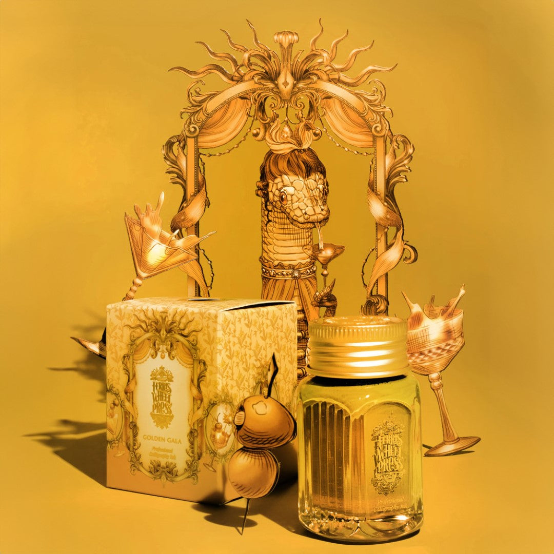 Ferris Wheel Press Golden Gala calligraphy ink, 28ml, deep gold with shimmer for elegant writing and artistic expression.