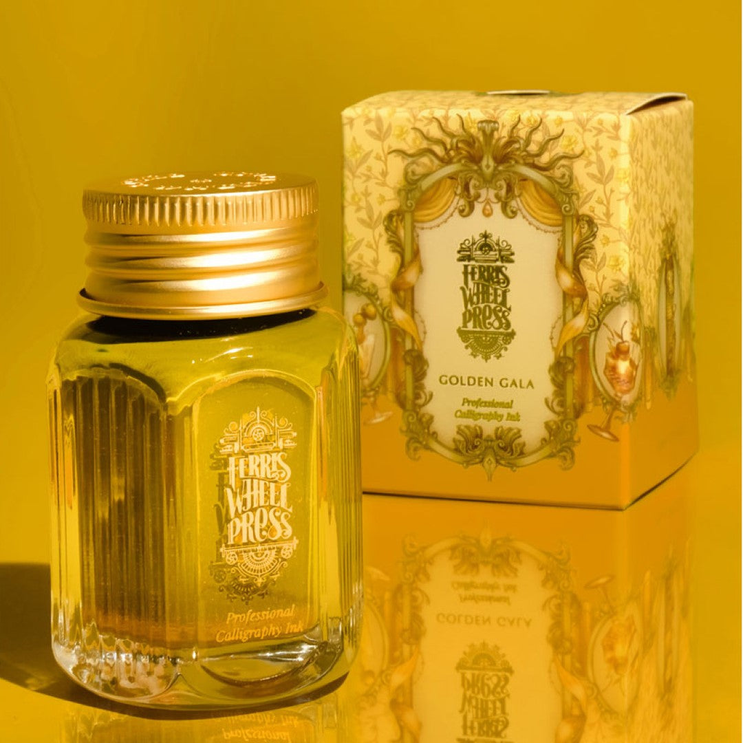 Ferris Wheel Press Golden Gala calligraphy ink in a 28ml bottle, featuring a luxurious deep gold hue with shimmering elegance.