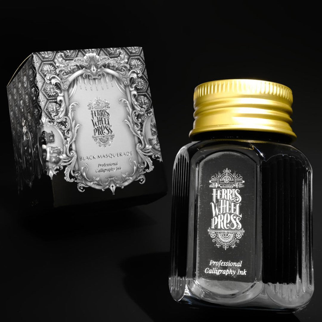 Ferris Wheel Press Black Masquerade calligraphy ink: elegant black with silver shimmer designed for stunning writing and artistry.