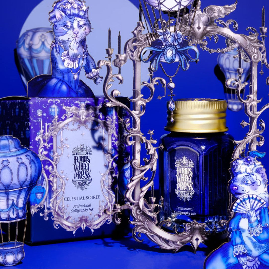 Ferris Wheel Press Celestial Soiree ink, a navy blue with silver shimmer, perfect for elegant calligraphy and creative projects.
