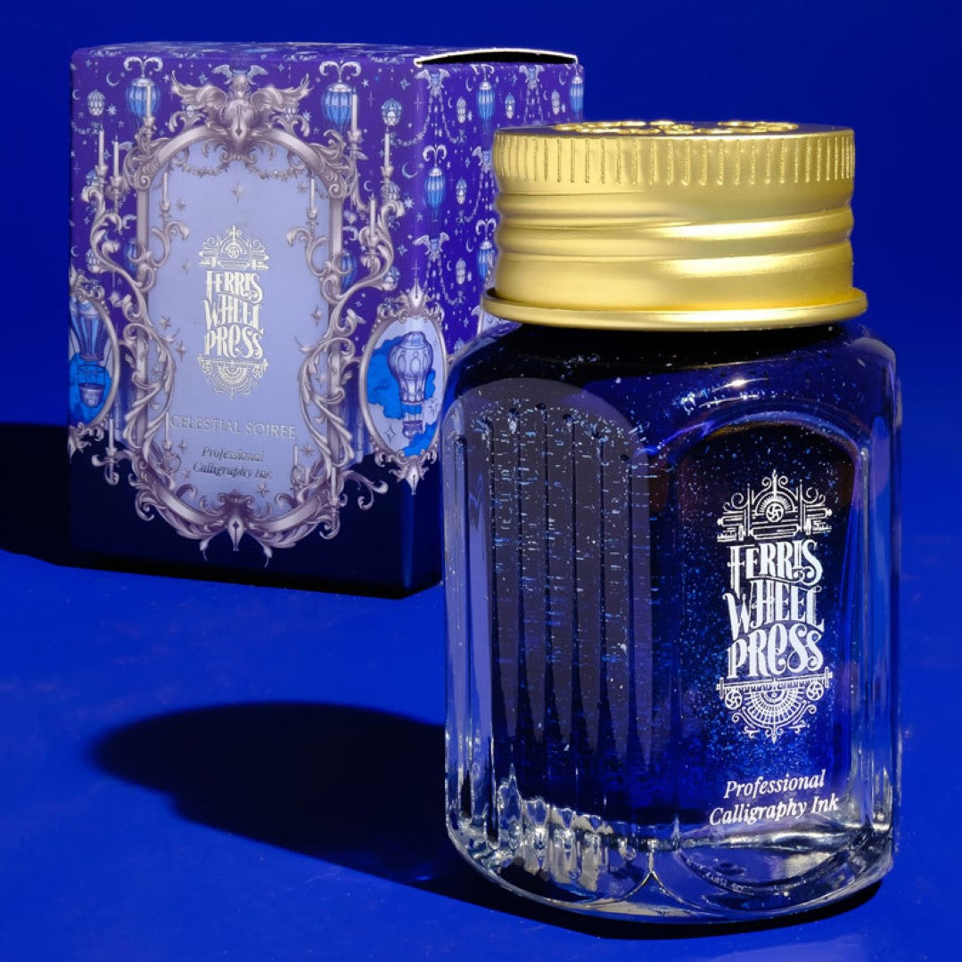 Ferris Wheel Press Celestial Soiree calligraphy ink, navy blue with silver shimmer, perfect for elegant stationery and invitations.