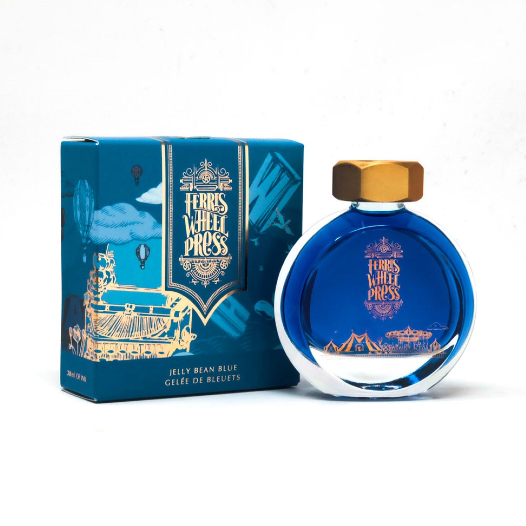 Vibrant Jelly Bean Blue fountain pen ink in a 38ml jewelry-inspired bottle with a brass cap, perfect for creative writing.