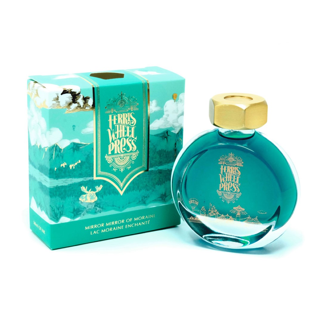 Ferris Wheel Press 38ml ink in 'Mirror Mirror of Moraine', featuring rich tones in an elegant, decorative bottle with brass cap.