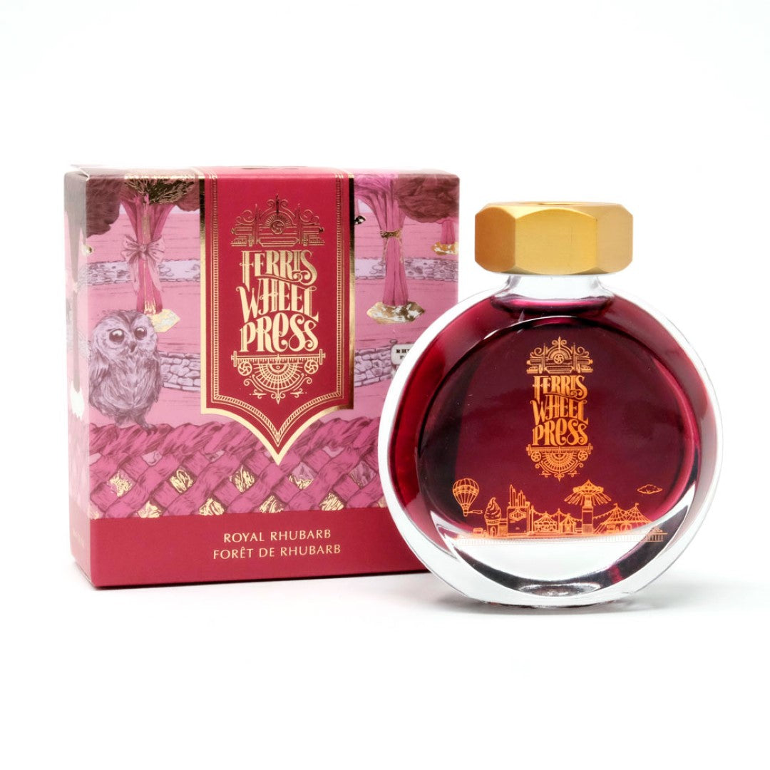 Ferris Wheel Press Royal Rhubarb fountain pen ink in a 38ml bottle with a brass cap, ideal for writers and artists.