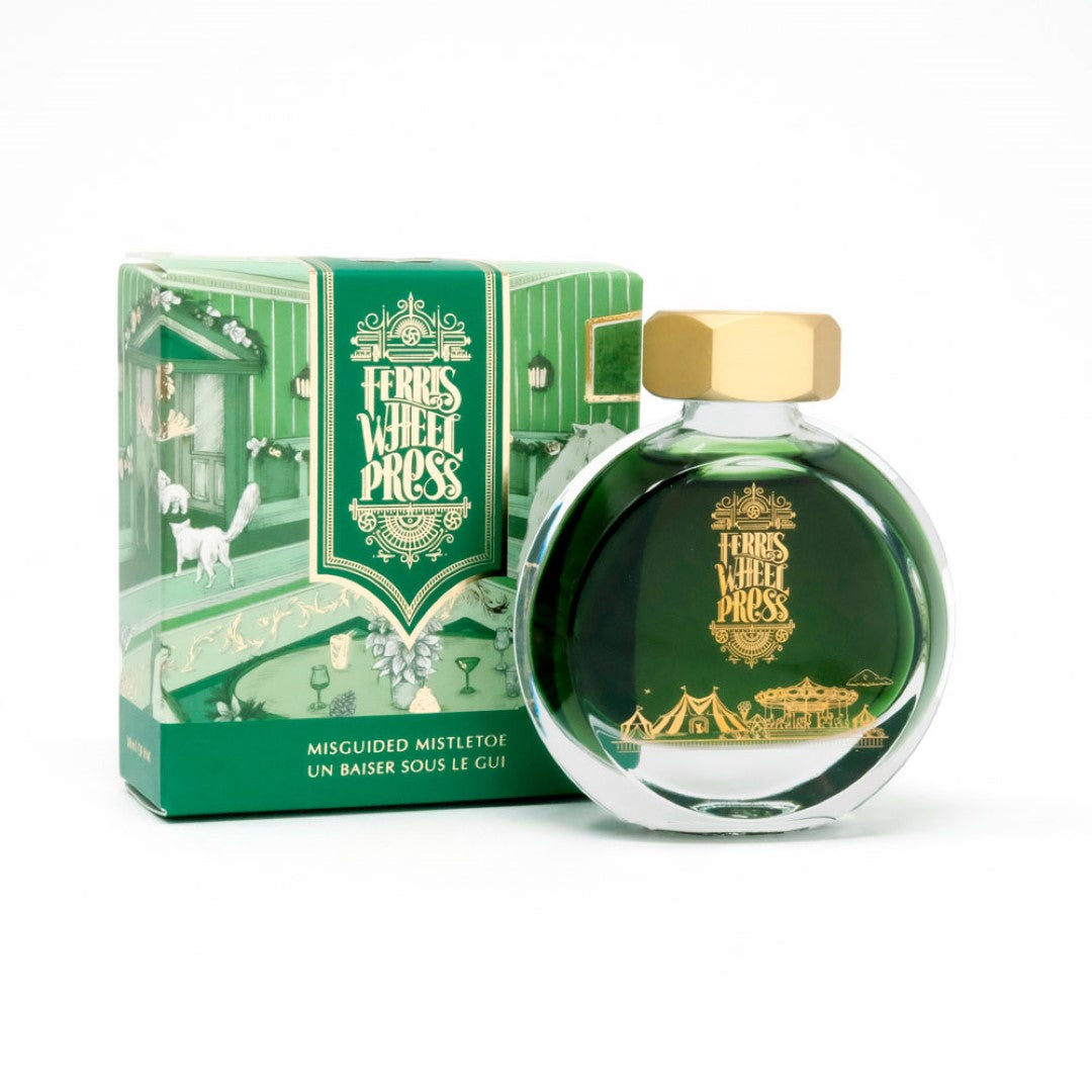 Ferris Wheel Press Misguided Mistletoe ink, 38ml bottle, rich green hue, water-based, featuring a brass cap and elegant design.