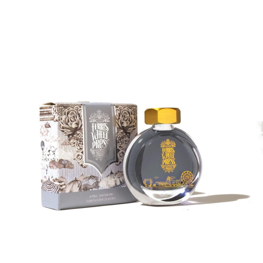 Fountain pen ink in April Showers, 38ml, featuring rich spring-inspired color and a collectible vintage-style bottle.